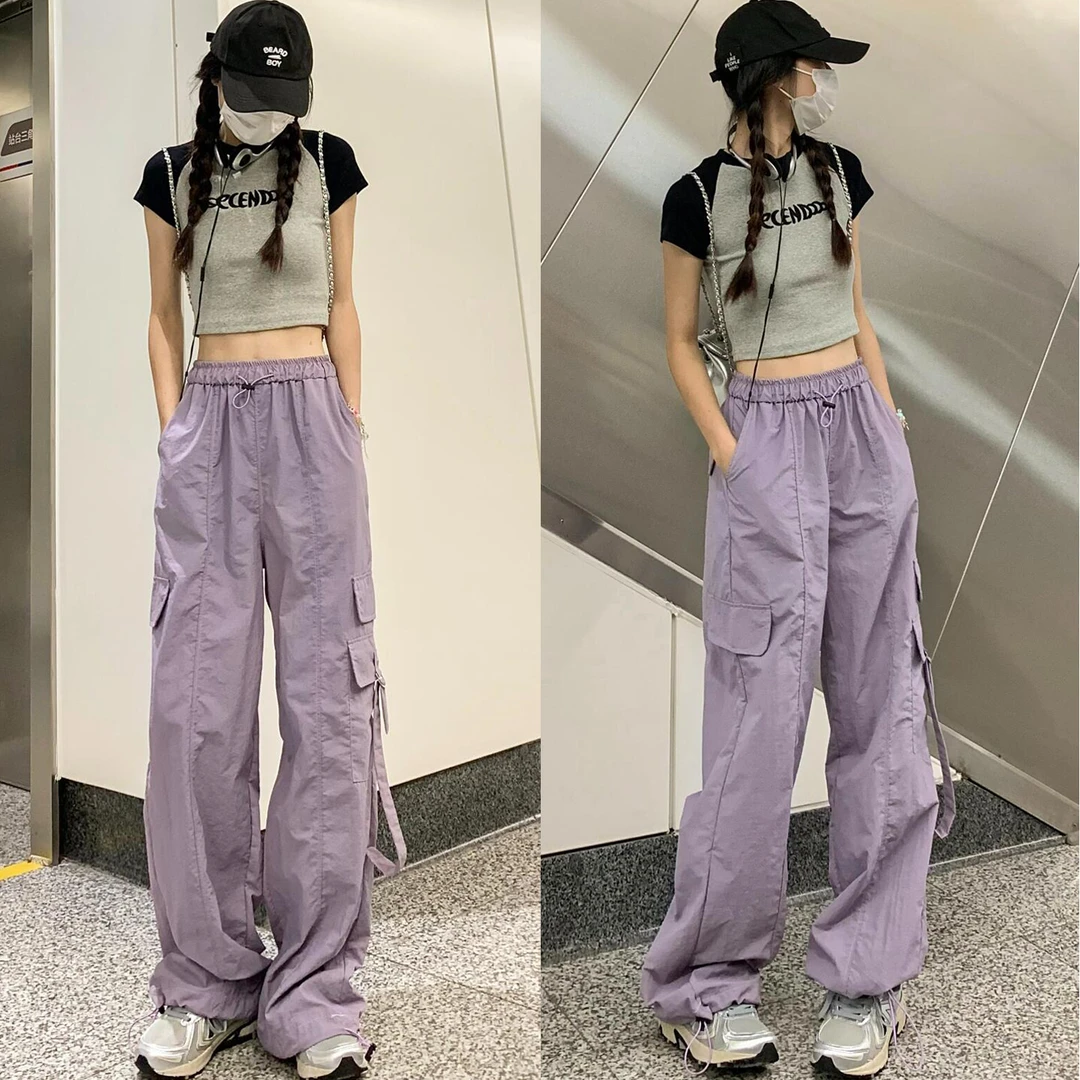 紫色速干工装裤女2025夏季薄款高腰宽松垂感显瘦休闲直筒阔腿裤子