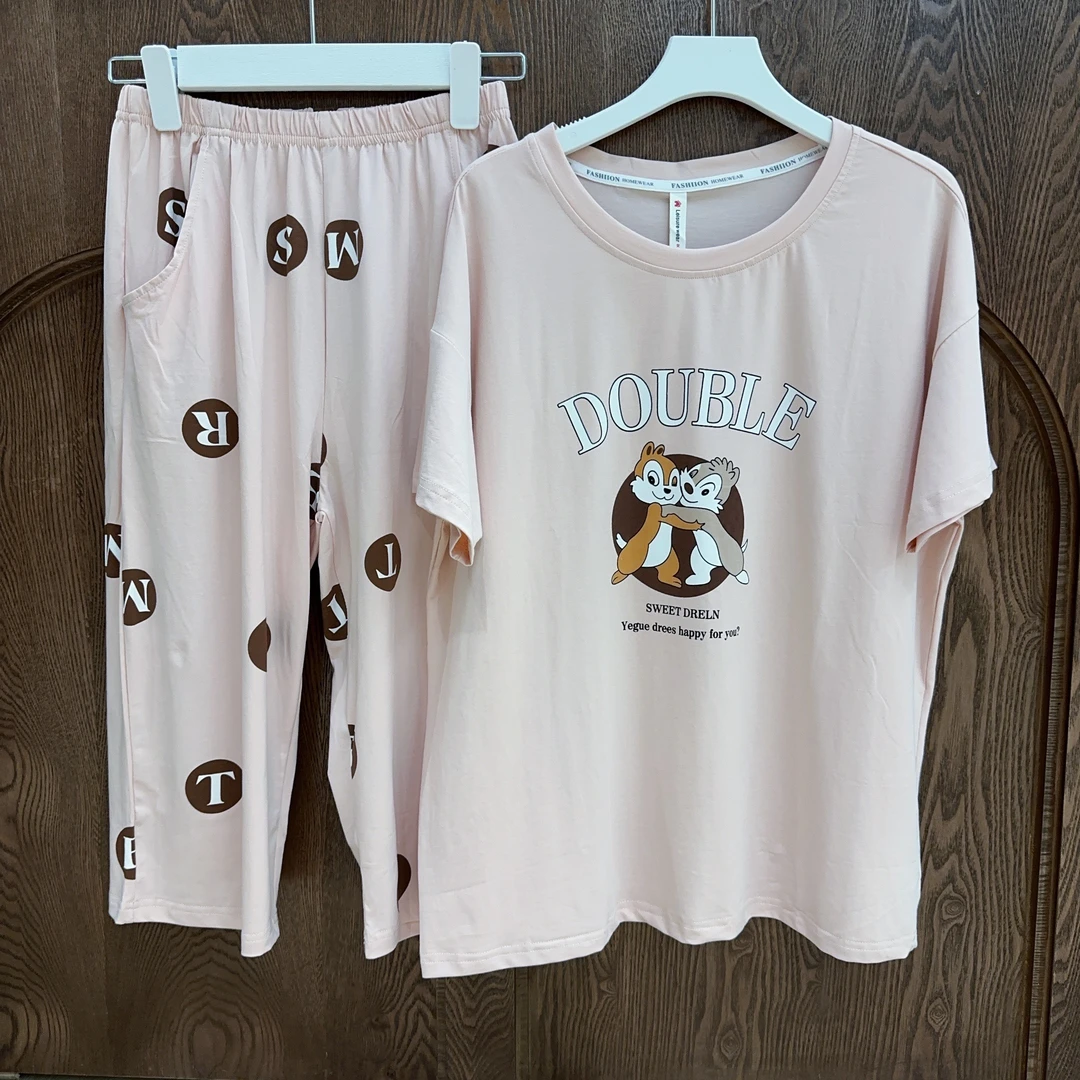 夏季爽棉睡衣女短袖时尚休闲宽松印花圆领卡通粉色女士可外穿套装