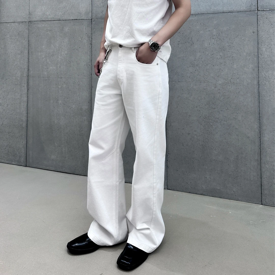 K12 25日本冈山白牛纯白色阔腿长裤休闲baggy直筒拖地牛仔裤男
