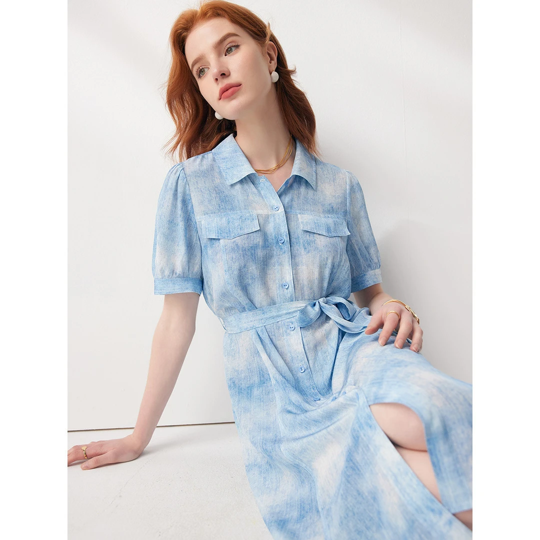 春夏翻领系带泡泡袖时尚连衣裙真丝衬衫裙ES23691Z