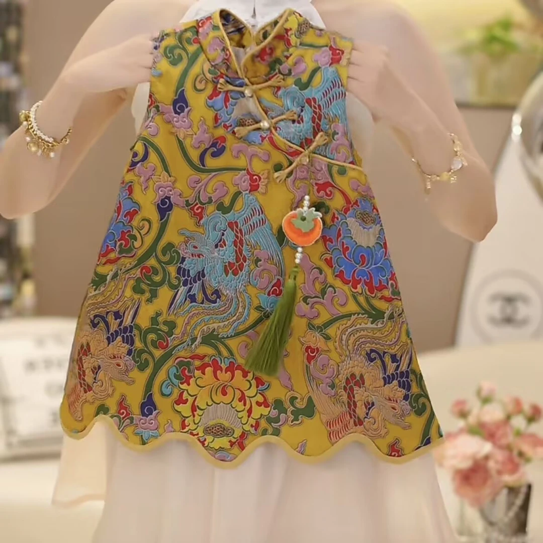 女童凤凰花连衣裙夏季2025新款儿童洋气中大童汉服儿童旗袍裙子潮