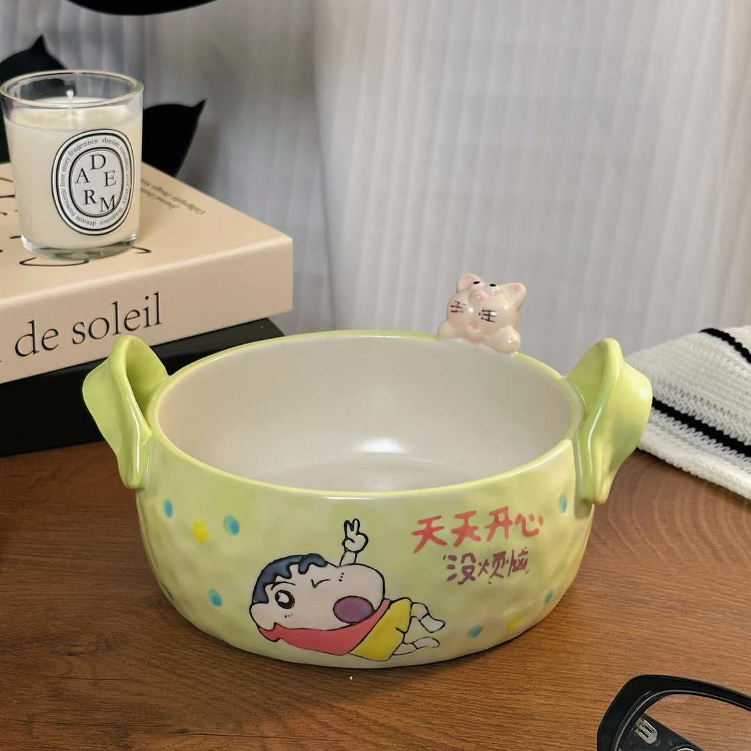 陶瓷双耳碗家用卡通手绘汤碗创意沙拉碗可爱少女心餐碗宿舍水果碗