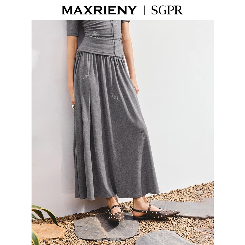【商场同款】MAXRIENY优雅浪漫感高腰收褶散摆半裙25夏款复古长裙
