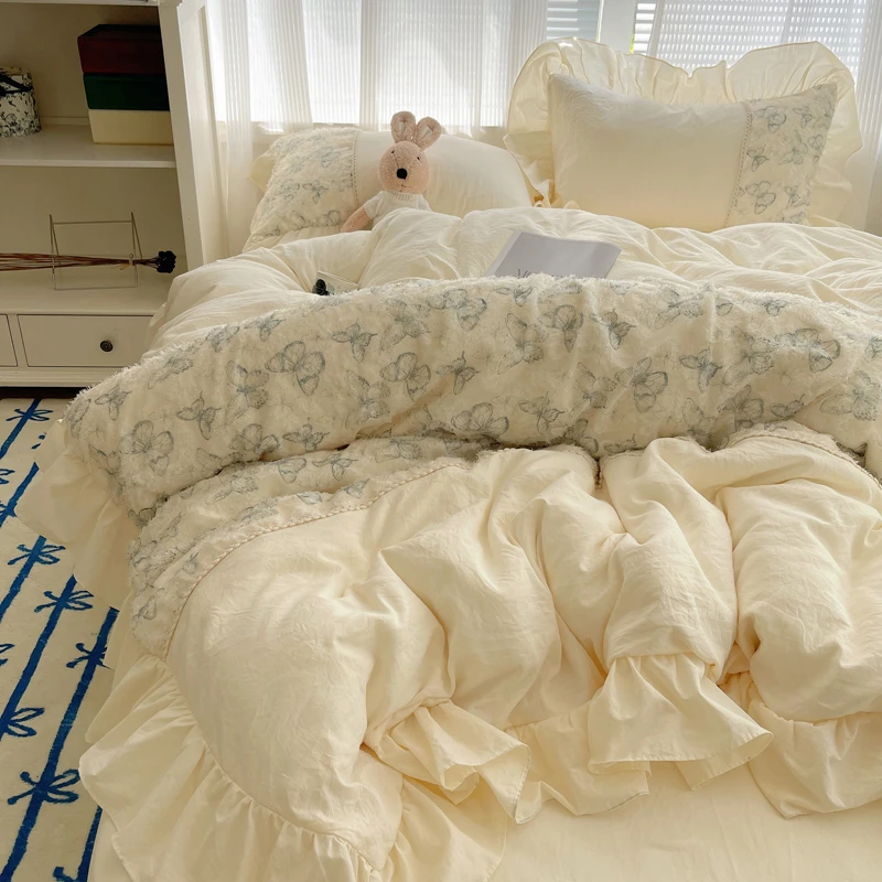 法式A类亲肤水洗棉四件套公主风超柔裸睡床单被套床笠款床上用品3