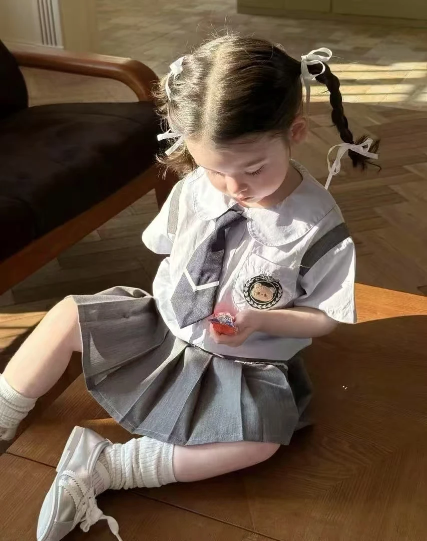 8472学院风衬衫百褶裙套装夏季新款女童小童韩版套装两件