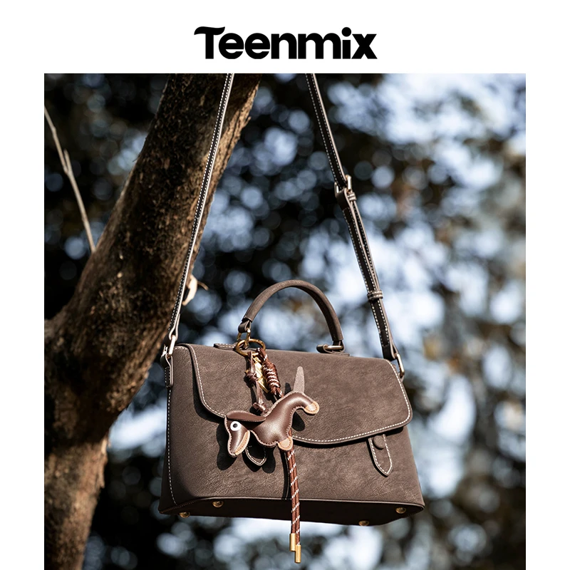 天美意包包女2025新款流光风牛皮剑桥包邮差包单肩包斜挎包手提包