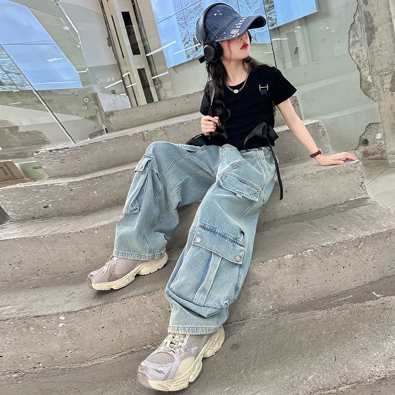 又酷又飒的女童装2025炸街夏装女大童拽姐穿搭套装儿童工装牛仔裤