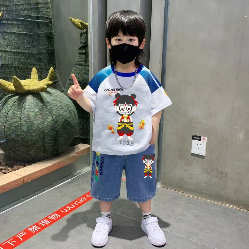 哪吒衣服男童夏季短袖套装2025儿童新款夏装T恤短裤帅气两件套潮