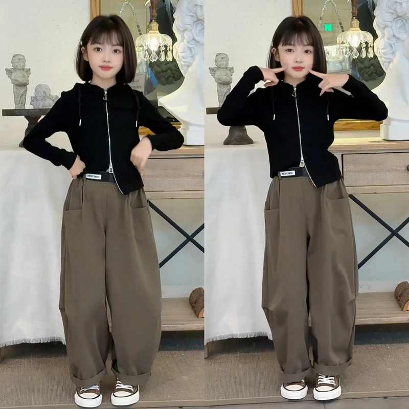 女童套装秋季新款韩系休闲拉链帽衫个性大口袋工装阔腿裤套装
