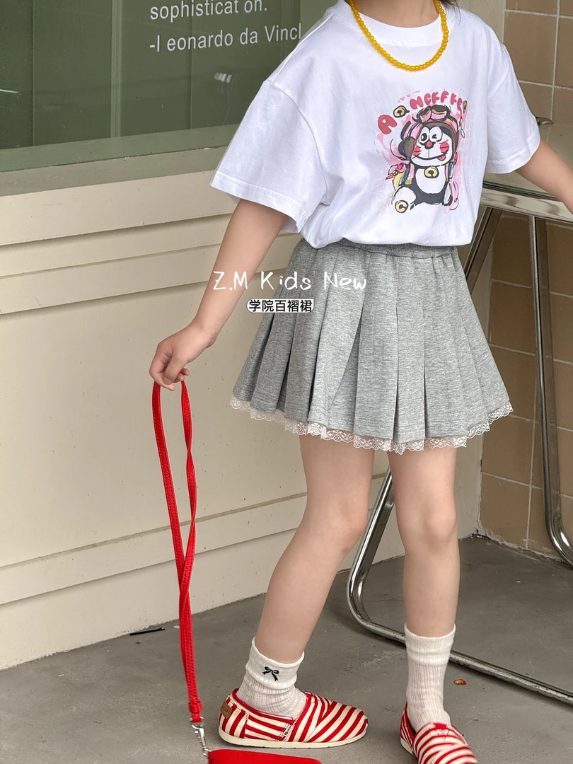 【学院百褶裙】2025夏儿童半身裙蕾丝花边裙子女童百褶裙N-65065