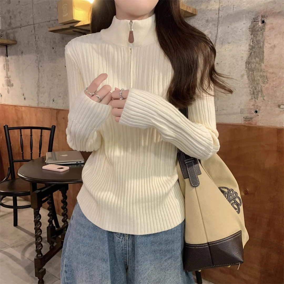 法式坑条高级感毛衣女秋冬2025新款修身拉链半高领针织打底衫上衣