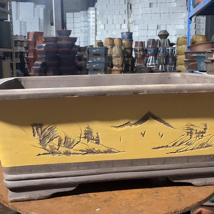 潘45黄色刻绘马槽花盆花盆