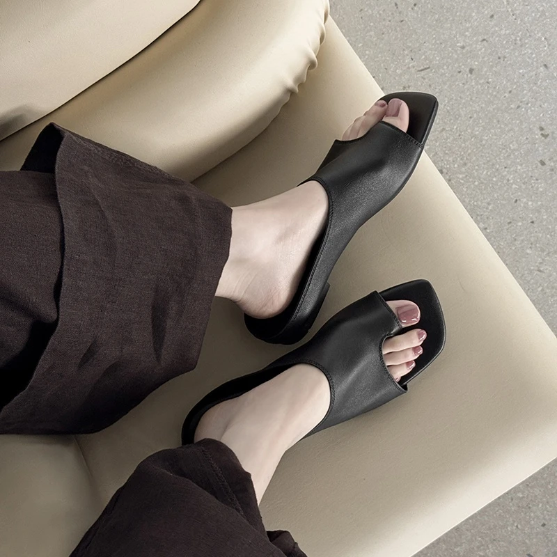 头层羊皮~超软~韩版简约个性半拖鞋夏季平底外穿女套趾穆勒小凉拖