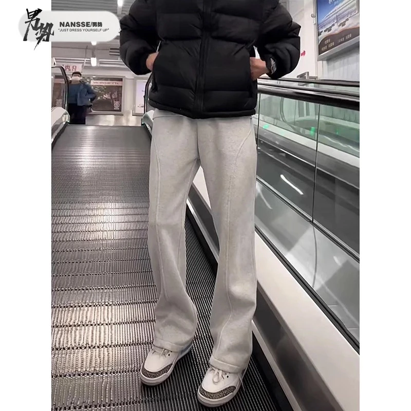 花灰色美式弯刀卫裤男款秋冬加绒加长显瘦直筒微喇斜切休闲裤青少