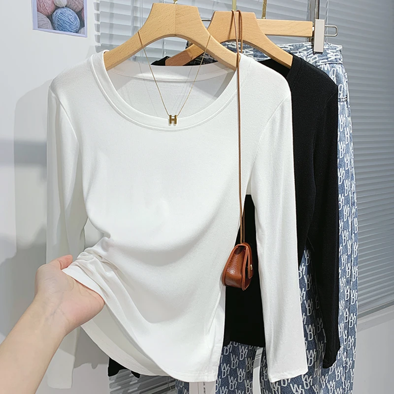 螺纹U领打底衫女秋冬2024新款修身纯色长袖T恤韩版百搭上衣服