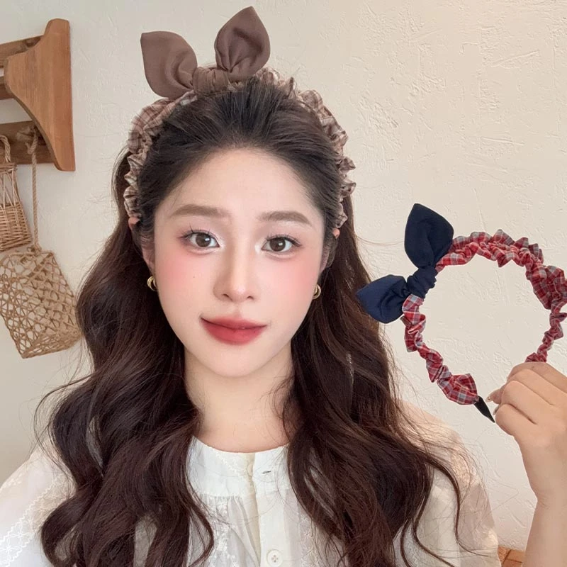 立体兔耳褶皱布艺格子发箍2025新款甜美气质女压发头箍发饰束发箍