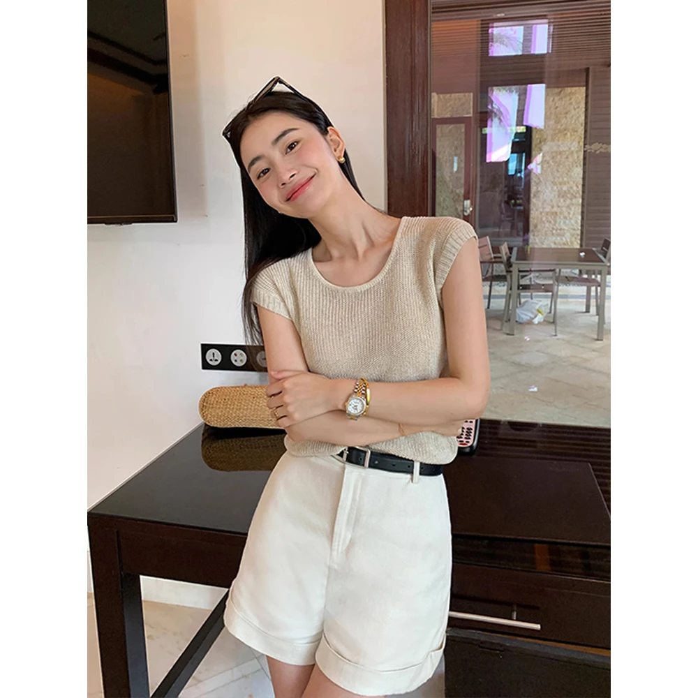 韩版百搭简约肌理感气质凉感无袖套头女夏季圆领薄款针织坎肩上衣
