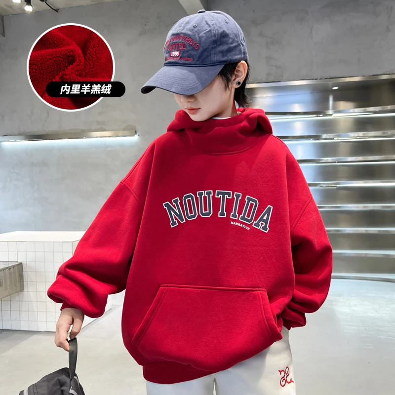 男童加绒红色卫衣2025新款秋冬款中大童儿童连帽上衣一体绒冬季潮