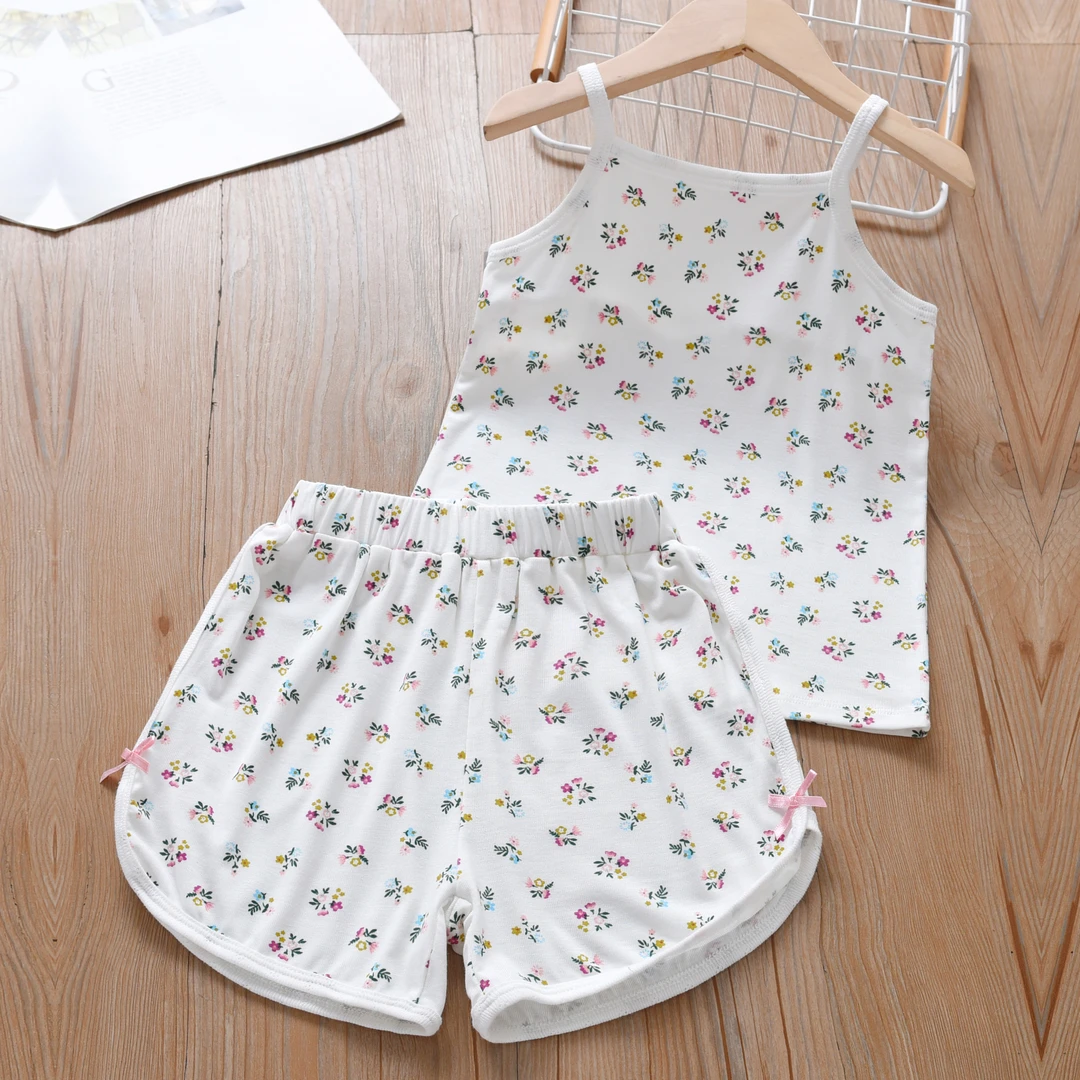 女童夏季吊带短裤家居服套装2025儿童碎花背心短裤女孩睡衣两件套