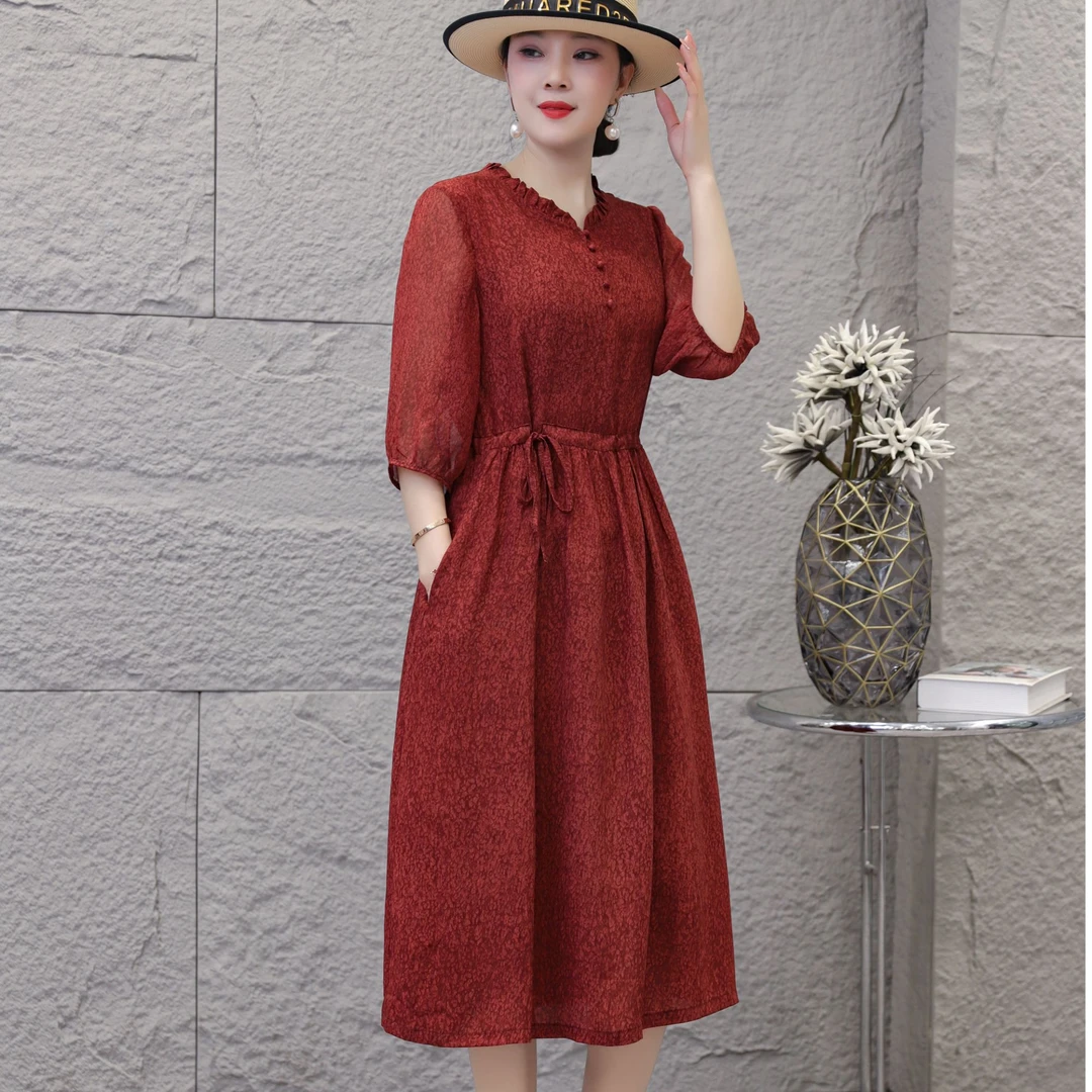 9821-夏季新款中长款中袖收腰显瘦减龄气质妈妈装连衣裙（依）