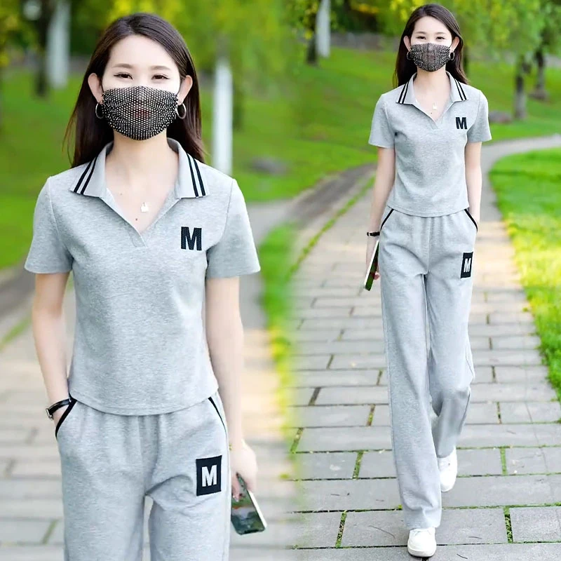 休闲运动服套装女2025夏季新款时尚洋气宽松显瘦窄版阔腿裤两件套