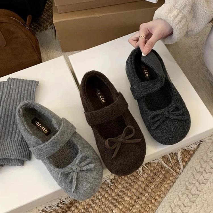 内增高玛丽珍毛毛鞋女2024秋冬新款灰色加绒毛呢单鞋子厚底勃肯鞋