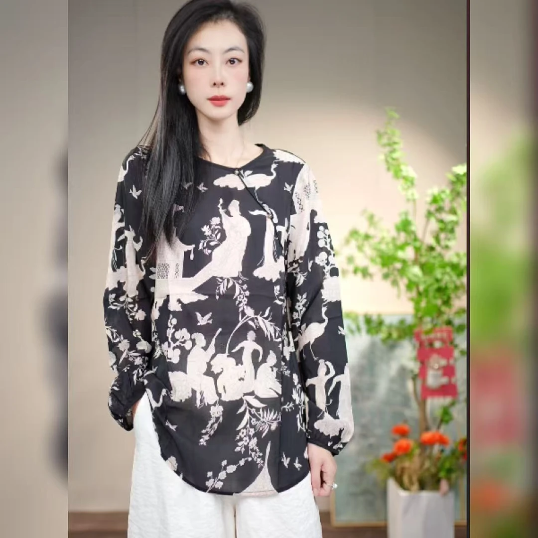 【多米拉】06224水墨游园上衣桑蚕丝碎花显瘦花色
