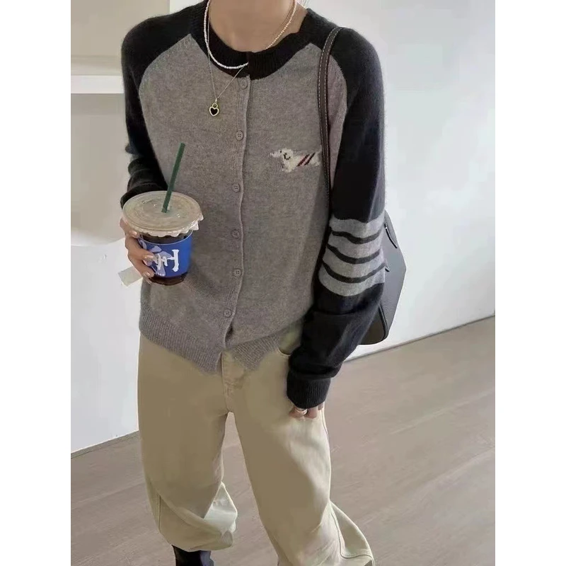 068【巴塞狗狗】100羊毛复古针织开衫女圆领套头百搭拼色开衫