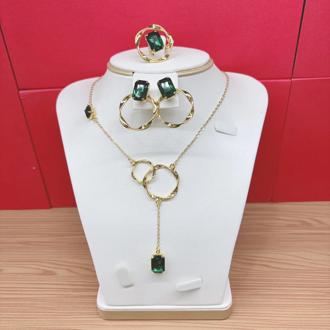 钛钢吊坠 2198号双环相扣耳环项链戒指三件套