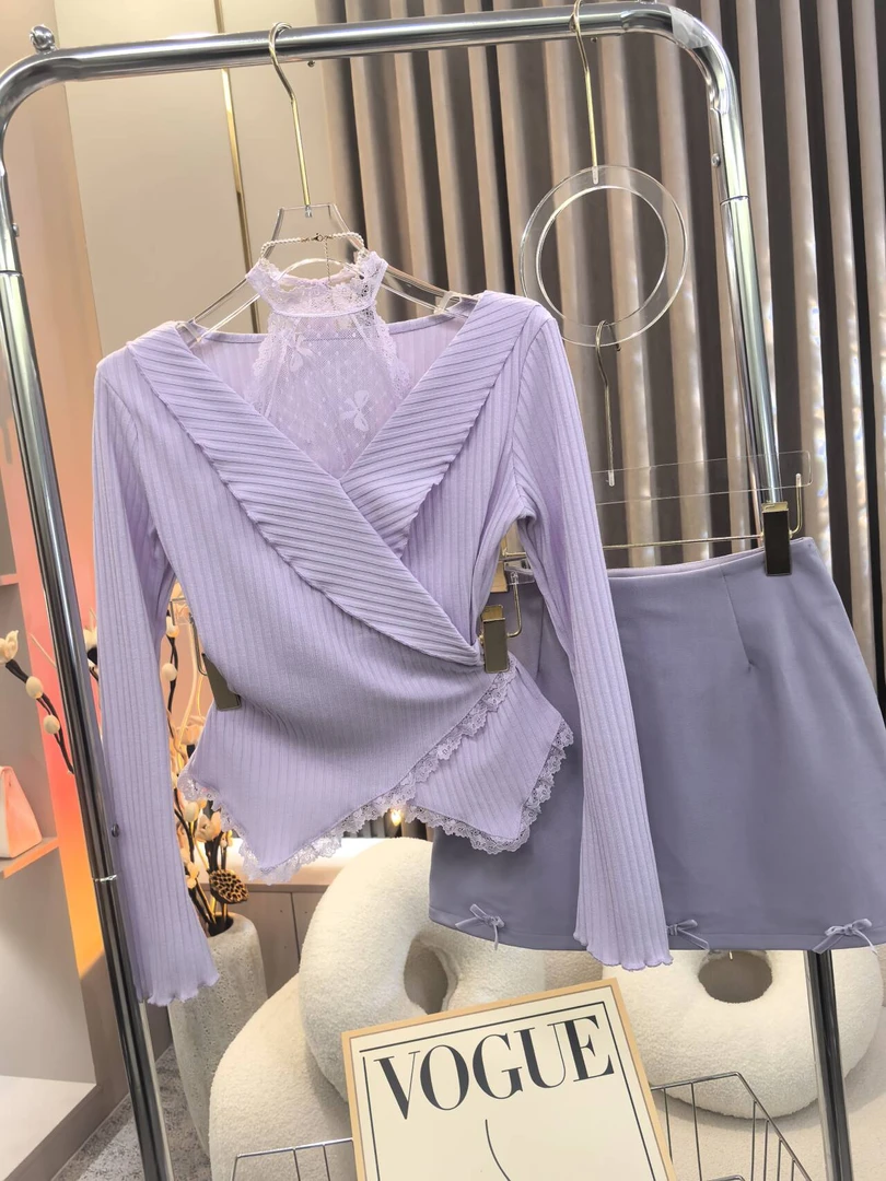 【A9826墨丽】2025春季修身设计感长袖显瘦打底上衣+裙子两件套