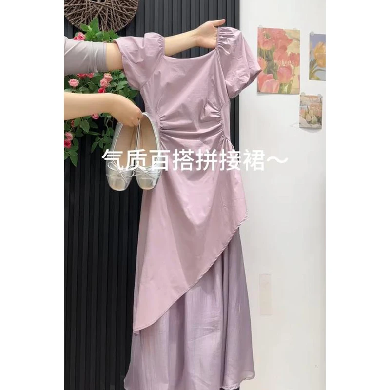 法式设计感不规则方领连衣裙女夏季韩系高级感褶皱收腰气质长裙潮