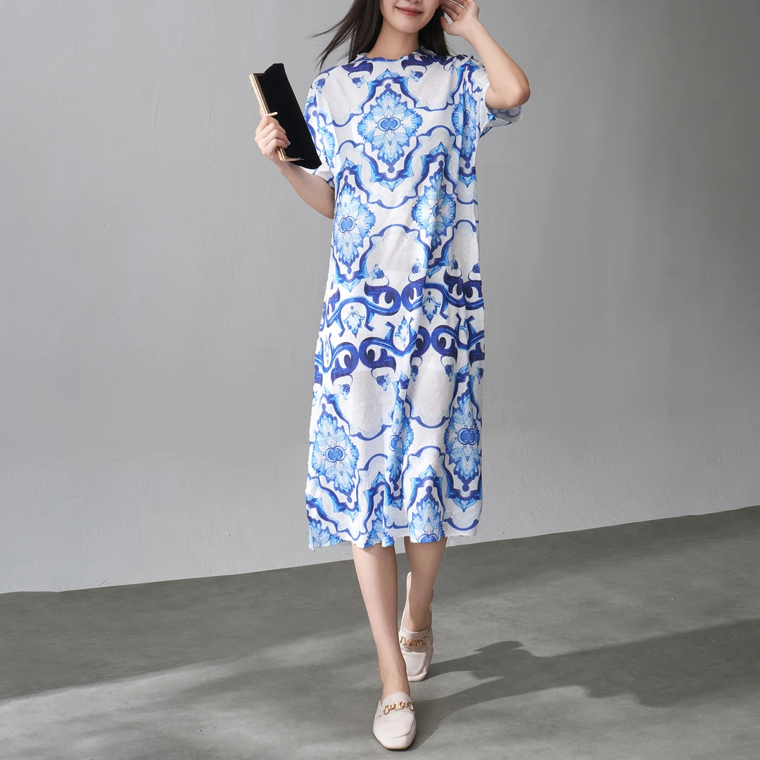 国风青花瓷印花褶皱连衣裙女夏季新款复古气质宽松显瘦中长A字裙