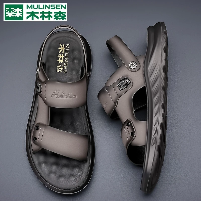 木林森耐磨透气防滑拖鞋沙滩鞋凉鞋软底厚底休闲男款新款真皮夏季