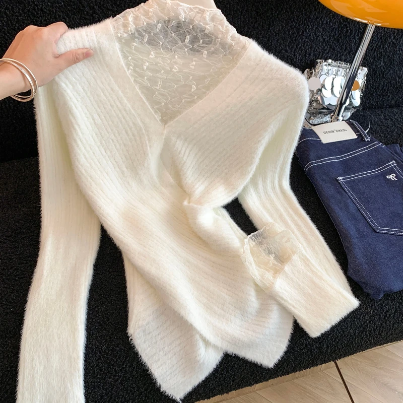 米白色蕾丝拼接马海毛针织衫女冬季新款别致显瘦气质毛衣打底上衣