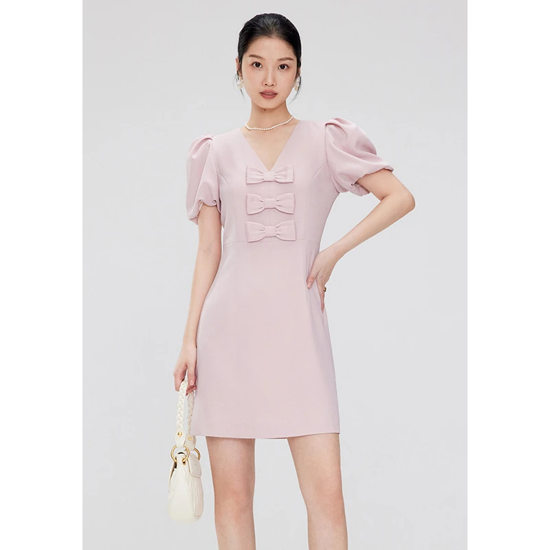 【诗语专属】MandyZhang夏季赫本风蝴蝶结连衣裙女法式复古裙子