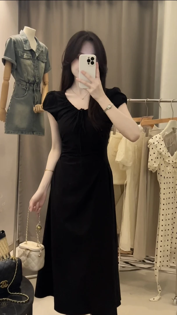 连衣裙黑色法式褶皱袖夏季甜美收腰显瘦系带长款新款气质#883