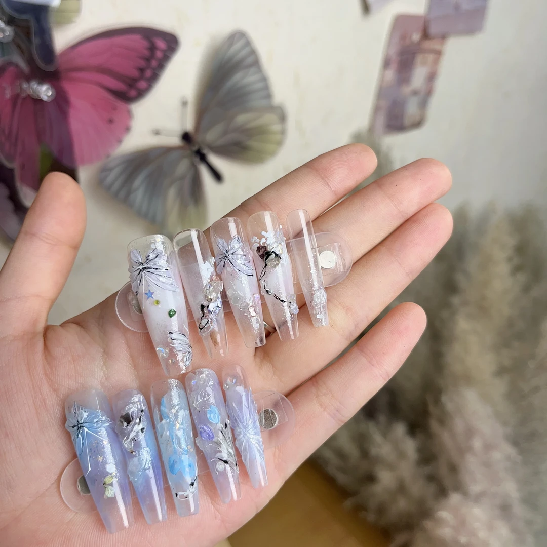 【云水之境】纯手工穿戴甲 蝴蝶清新古风冰晶蓝玫瑰显白温柔