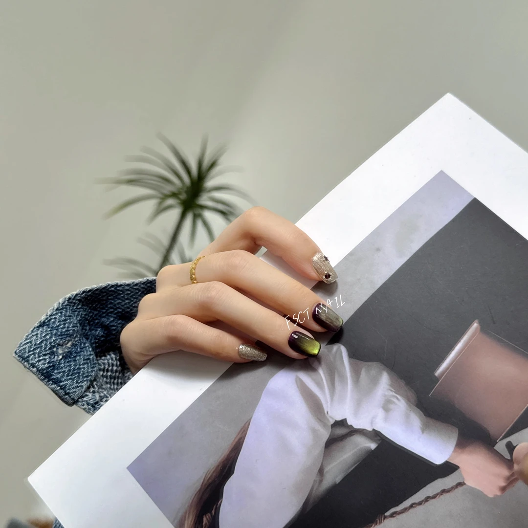 青提葡萄猫眼美甲成品复古布契拉提气质穿戴甲片可拆卸