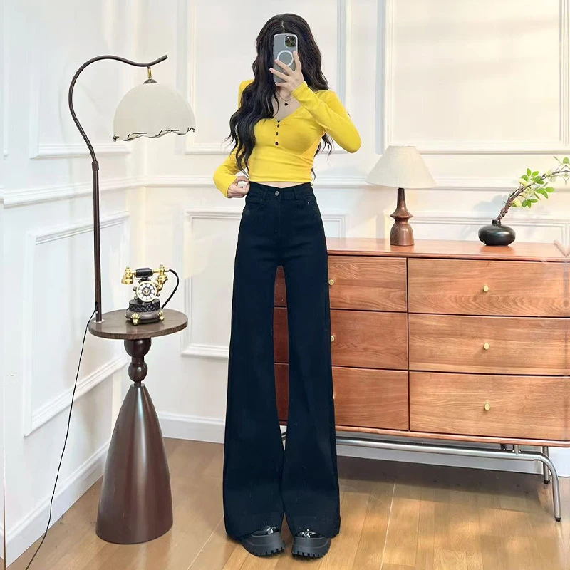 黑色不贴腿喇叭牛仔裤女秋冬季新款显瘦梨形身材宽松拖地喇叭