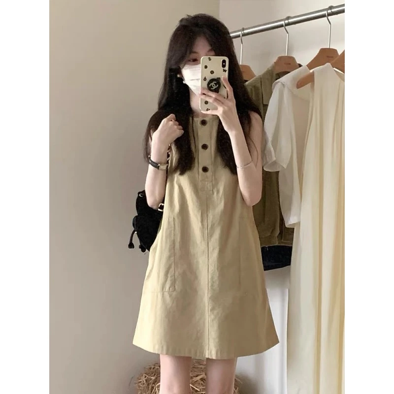 法式工装无袖背心连衣裙女2025夏季新款设计感小个子宽松显瘦裙子