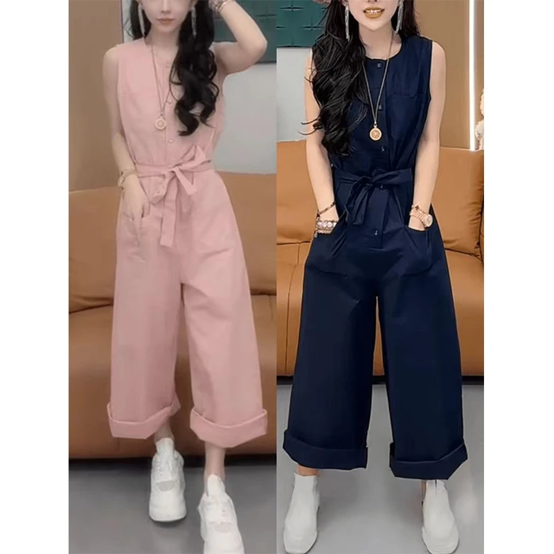 夏季新款薄款透气无袖棉麻工装连体裤洋气减龄宽松显瘦收腰阔腿裤