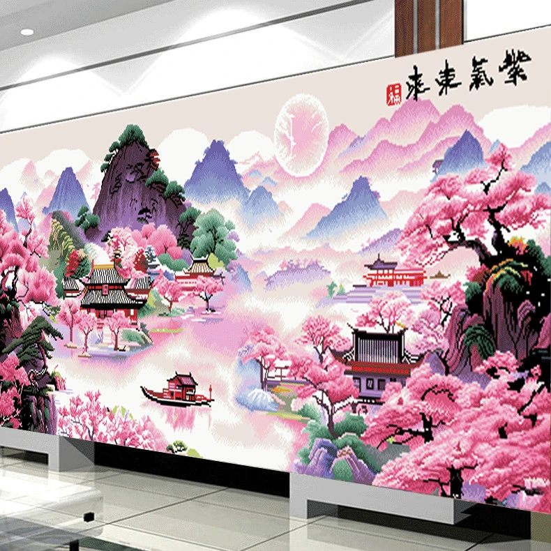 2024新款十字绣紫气东来新版客厅线绣大幅手工刺绣风景山水画满绣