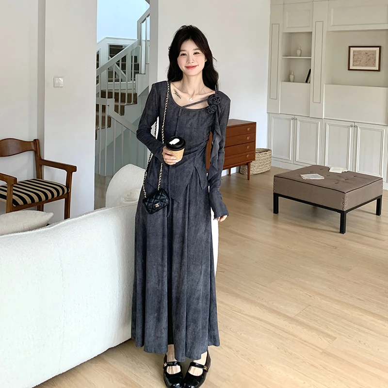 韩版灰色扎染小众设计款套装裙2025秋季新款休闲时尚纯欲风两件套