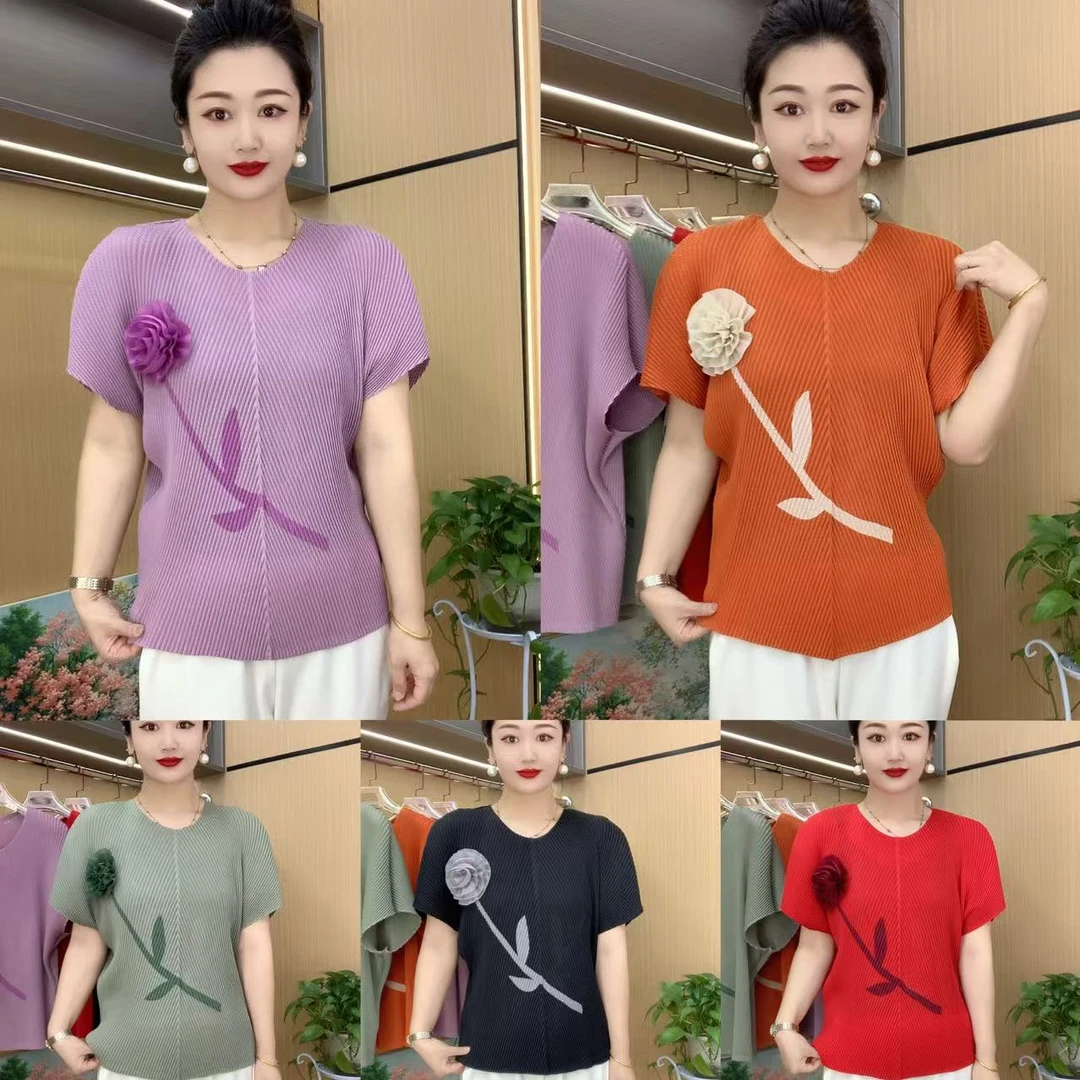 夏季时尚V领串珠花褶皱衫014#