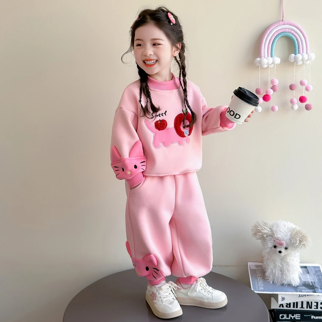 女童加绒套装秋冬装新款儿童卡通猫咪卫衣洋气女孩保暖加厚两件套