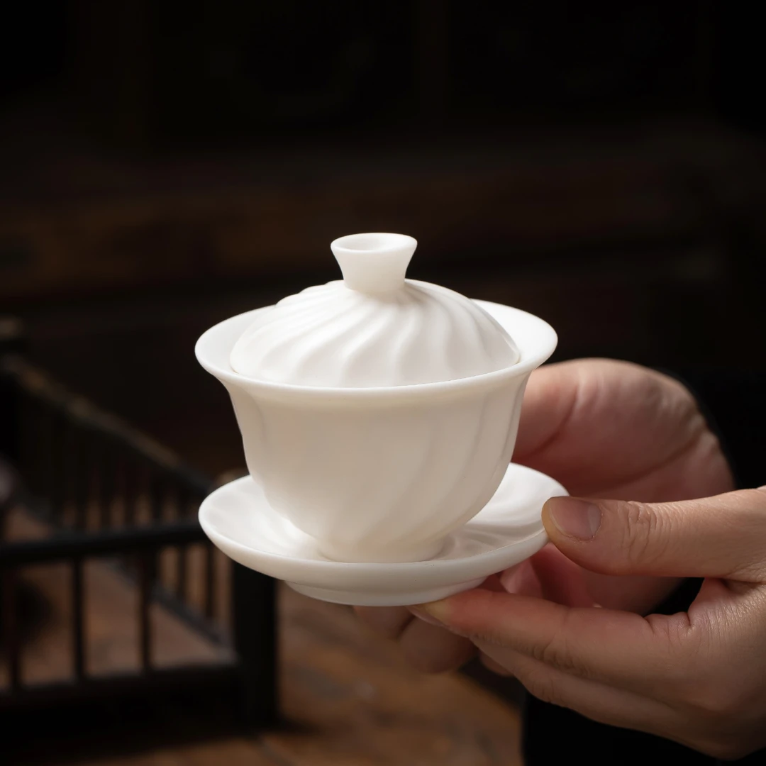 匠丞相陈金通羊脂玉白瓷单个三才盖碗德化白瓷功夫茶具泡茶器礼品