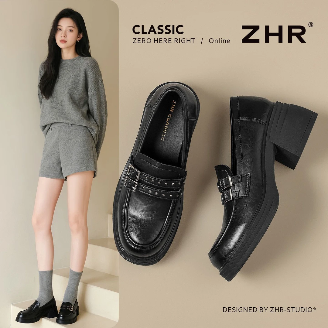 ZHR则则2025秋季乐福鞋复古粗跟高跟舒适小皮鞋百搭双扣精致单鞋