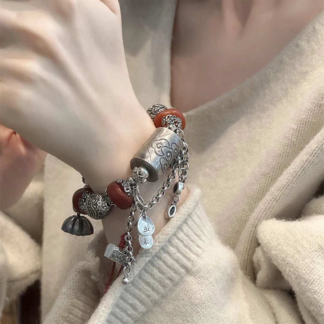 足银手链 S09444  祥云银桶珠凤龙珠如意吉祥方锁手链重工民族风