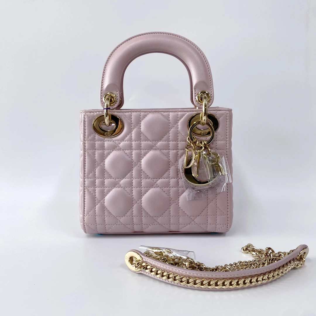 99新 DIOR/迪奥 99新 珠光粉金扣三格戴妃手提斜挎包