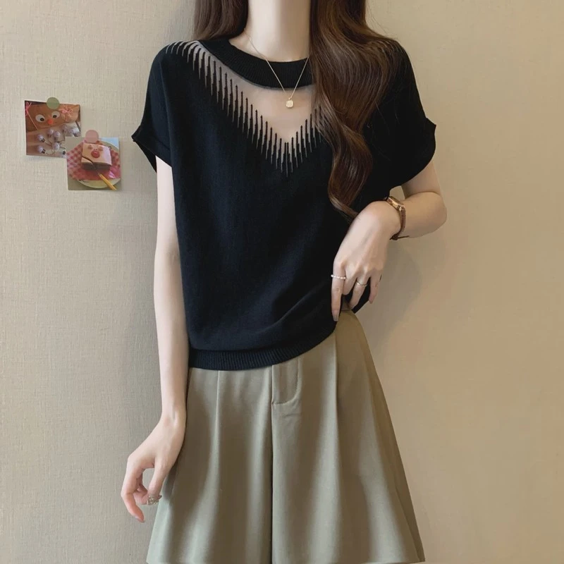 大码遮肚子镂空正肩短袖T恤打底衫女胖MM百搭显瘦冰丝高级感上衣